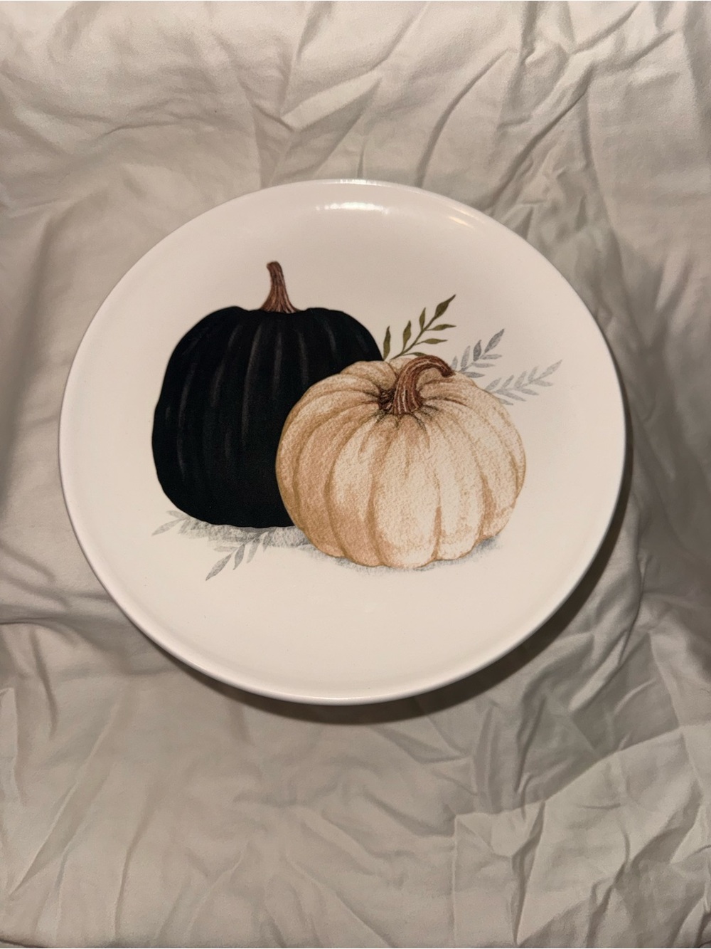 Decorative White salad Plate with Black and Cream Pumpkin Design
